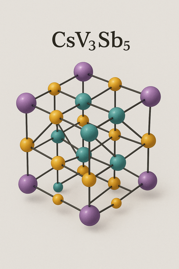 Repr&eacute;sentation tridimensionnelle du r&eacute;seau cristallin du compos&eacute; CsV₃Sb₅ (c&eacute;sium vanadium antimonide). Le violet repr&eacute;sente les atomes de c&eacute;sium (Cs); le turquoise, ceux de vanadium; et les jaunes, ceux de l'antimoine.&nbsp;Ce mod&egrave;le illustre l&rsquo;arrangement atomique typique de la famille des m&eacute;taux kagom&eacute;s, o&ugrave; les atomes de vanadium forment un r&eacute;seau responsable des propri&eacute;t&eacute;s &eacute;lectroniques particuli&egrave;res du mat&eacute;riau.