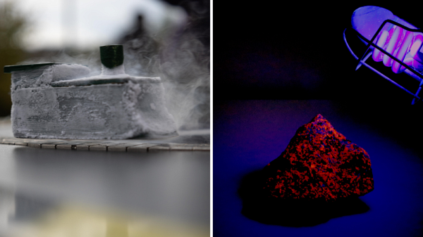 Magnetic levitation train and Hackmanite under a black light