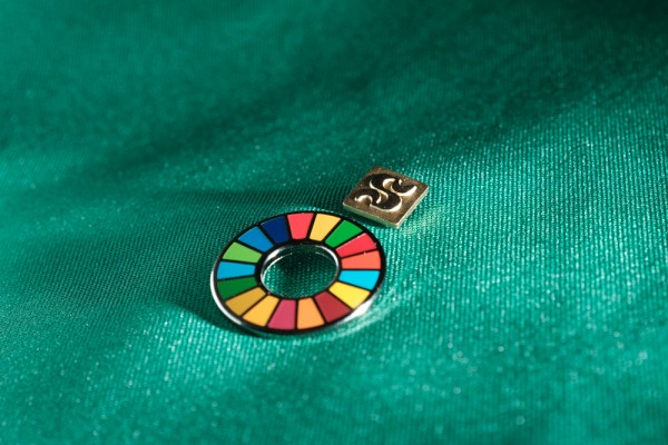 Embl&egrave;me des ODD, l'&eacute;pinglette color&eacute;e correspond aux 17 objectifs s'y rattachant.&nbsp;