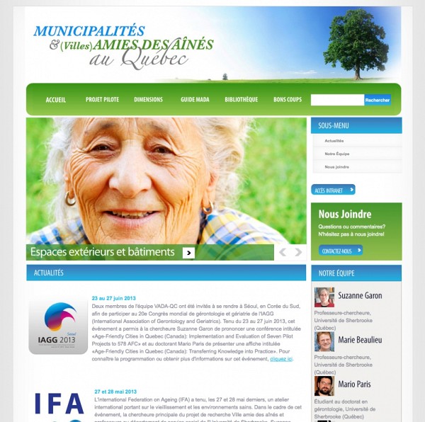 Le Centre de recherche sur le vieillissement a mis en place un site Internet pour accompagner les municipalit&eacute;s et les villes dans leur d&eacute;marche ami des a&icirc;n&eacute;s et pour pr&eacute;senter les plus r&eacute;centes actualit&eacute;s sur le sujet.