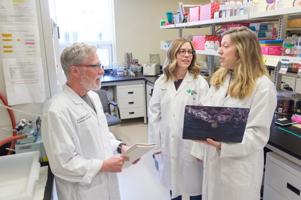 Le professeur Luc Gaudreau accompagn&eacute; de&nbsp;Nadia C&ocirc;t&eacute;, candidate au doctorat en biologie, et&nbsp;Myriam Fauteux, dipl&ocirc;m&eacute;e de la ma&icirc;trise en biologie.