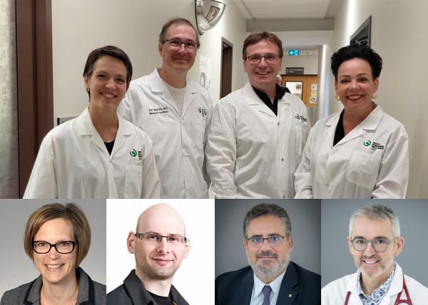 Les membres de l&rsquo;&eacute;quipe de recherche de l&rsquo;IRCUS (de gauche &agrave; droite, en partant du haut) : Sandra B&eacute;langer, patiente-partenaire; Dr &Eacute;ric Turcotte (chercheur principal), professeur-chercheur; Michel Paquette, professionnel de recherche; Marie-Andr&eacute;e Quirion, patiente-partenaire; Pre Brigitte Gu&eacute;rin, professeure-chercheuse; Dr &Eacute;tienne Rousseau, professeur-chercheur; Dr Sameh Geha, professeur-chercheur; et Dr Michel Pavic, directeur de la recherche m&eacute;dicale de l&rsquo;IRCUS et membre de la direction.