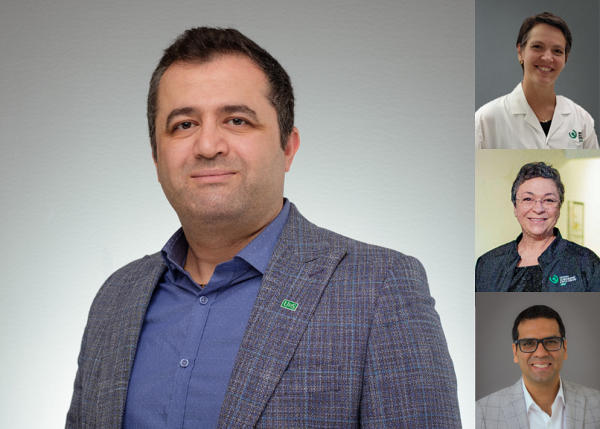 Les membres de l&rsquo;&eacute;quipe de recherche de l&rsquo;IRCUS (de gauche &agrave; droite, en partant du haut) : Pr Kian Jafari (chercheur principal), professeur-chercheur; Sandra B&eacute;langer, patiente-partenaire; Karine Tremblay, coordonnatrice scientifique de l&rsquo;IRCUS et membre de la direction; et Pr Taha Azad, professeur-chercheur.