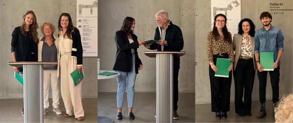 Les professeurs H&eacute;l&egrave;ne Cajolet-Lagani&egrave;re et Louis Mercier ainsi que la&nbsp;directrice g&eacute;n&eacute;rale de l'AIEQ&nbsp;Suela Sefa&nbsp;&eacute;taient pr&eacute;sents pour remettre les bourses aux r&eacute;cipiendaires.