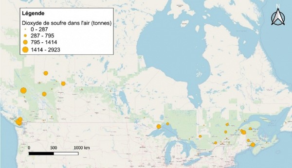 Figure 1.2 : R&eacute;partition g&eacute;ographique des rejets atmosph&eacute;riques de dioxydes de souffre, issue des donn&eacute;es de l&rsquo;INRP 2017 (Section&nbsp;2.2.1 de l&rsquo;&eacute;tude de cas)