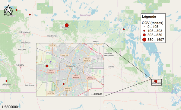 Figure 2 : R&eacute;partition des rejets de COV dans la r&eacute;gion de Winnipeg (MB) contribuant au ph&eacute;nom&egrave;ne de smog photochimique, issue des donn&eacute;es de l&rsquo;INRP&nbsp;2017 (Section&nbsp;3.1.2 de l&rsquo;&eacute;tude de cas)