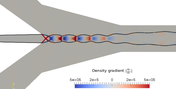 Simulation num&eacute;rique avanc&eacute;e d&rsquo;un &eacute;jecteur transcritique au CO2 par la librairie en acc&egrave;s libre OpenFOAM. Un &eacute;jecteur est une double tuy&egrave;re, sans pi&egrave;ce mobile, utilis&eacute;e ici pour r&eacute;duire les pertes &eacute;nerg&eacute;tiques li&eacute;es &agrave; la vanne de d&eacute;tente. Ce champ du gradient de densit&eacute; permet de mettre en &eacute;vidence les ondes de choc et d&rsquo;expansion &agrave; la sortie de la tuy&egrave;re primaire. La ligne noire repr&eacute;sente la ligne sonique.