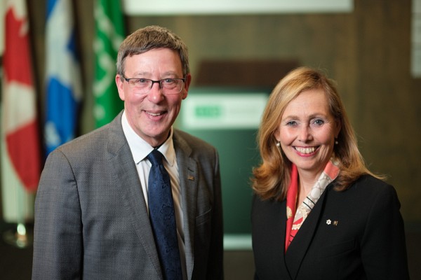 La pr&eacute;sidente du conseil d&rsquo;administration, Monique F. Leroux, en compagnie du prochain recteur, Jean-Pierre Perreault.