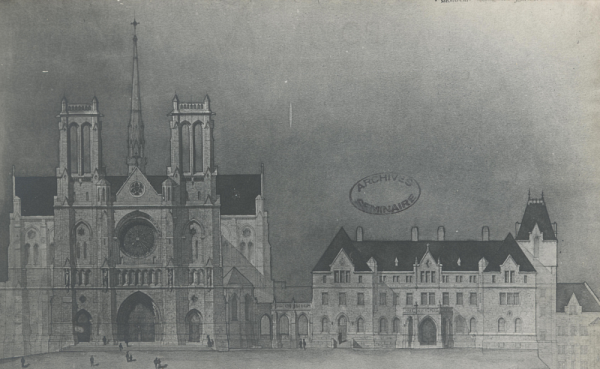 Dessin de la fa&ccedil;ade est de la Basilique-Cath&eacute;drale Saint-Michel de Sherbrooke