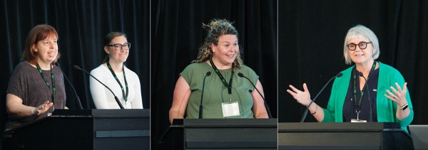 Photo de gauche : Jos&eacute;e Maffet, directrice g&eacute;n&eacute;rale adjointe, et Audrey Morin, directrice de section - Gestion des contrats de recherche (SARIC). Photo du centre : Marie-France Lafaille, directrice adjointe (USherbrooke International). Photo de droite : Chantal St-Louis, directrice g&eacute;n&eacute;rale (SBA).