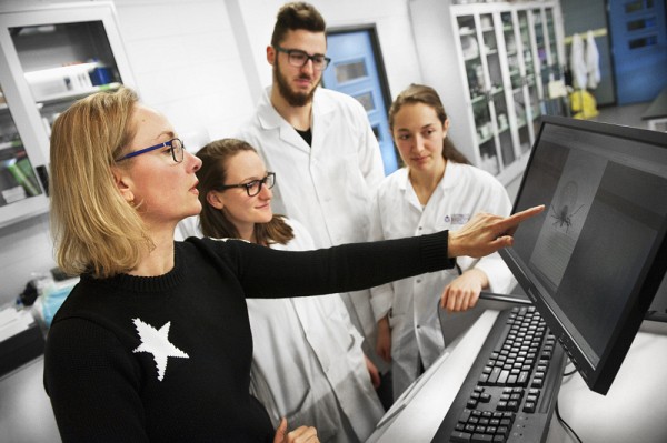 La Pre Savage dans son laboratoire de recherche avec des &eacute;tudiantes et &eacute;tudiants.