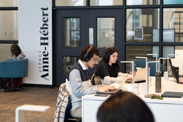 De nombreuses personnes &eacute;tudiantes fr&eacute;quentent l'Espace Anne-H&eacute;bert pour y &eacute;tudier et y mener des travaux.