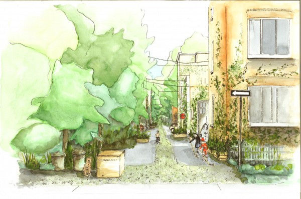 Aquarelle repr&eacute;sentant une ruelle verte. Illustration : Marie-Christine Mathieu