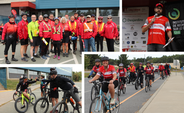 Les patrouilleurs ambassadeurs &agrave; v&eacute;lo de Sherbrooke (en haut &agrave; gauche, de gauche &agrave; droite) : Jean Di Palma, Mario Boutin, Benoit Paquette, Michel Barbier, Lo&iuml;c Lavoie (responsable), Pierre Mallet, Jalila Achafani, Myl&egrave;ne Mallet, Nicole Bilodeau, Richard Carbonneau, Bruce Porter, Yves Lajoie, Claude Fournier, Denis Carri&egrave;re, Carole Suzy-Carri&egrave;re et Lucie Martel. Absent sur la photo : Ga&eacute;tan Dubuc. Jean-Philippe Brosseau (en haut &agrave; droite) et Benoit Paquette, professeurs-chercheurs &agrave; l&rsquo;IRCUS et membres du comit&eacute; organisateur, &eacute;taient coresponsables du Volet cycliste.