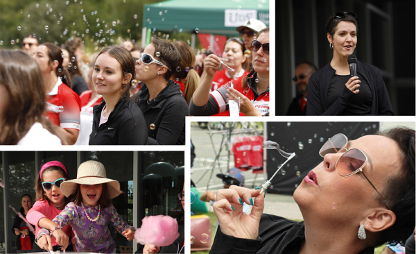 Sandra B&eacute;langer (en haut &agrave; droite), patiente-partenaire &agrave; l'IRCUS et m&egrave;re de Lovania (en bas &agrave; gauche, en rose) qui s&rsquo;amuse &agrave; faire de la barbe &agrave; papa avec sa s&oelig;ur avant l&rsquo;envol&eacute;e de bulles. Marie-Andr&eacute;e Quirion (en bas &agrave; droite), survivante d&rsquo;un cancer du sein et membre patiente-partenaire du comit&eacute; ex&eacute;cutif de l&rsquo;IRCUS, a pris part &agrave; cette c&eacute;r&eacute;monie &eacute;mouvante avec sa fille Marie-Soleil (en haut &agrave; gauche).