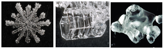 La m&eacute;tamorphose des grains de neige : du flocon en &eacute;toile (&agrave; gauche) vers le givre de profondeur en gobelet (au centre) au grain arrondi en fusion (&agrave; droite).