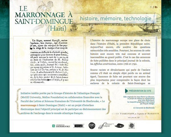 Page d'accueil du site &laquo;&nbsp;Le marronnage &agrave; Saint-Domingue (Ha&iuml;ti)&nbsp;&raquo;