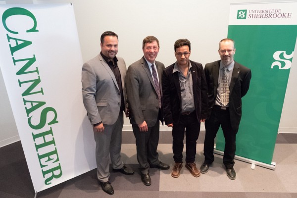 M. Steven Blanchard, pr&eacute;sident & co-fondateur de CannaSher; Pr Jean-Pierre Perreault, vice-recteur &agrave; la recherche et aux &eacute;tudes sup&eacute;rieures de l&rsquo;Universit&eacute; de Sherbrooke; Pr Kamal Bouarab, titulaire de la Chaire CannaSher sur le cannabis m&eacute;dical; Pr Claude Spino, vice-doyen &agrave; la recherche de la Facult&eacute; des sciences